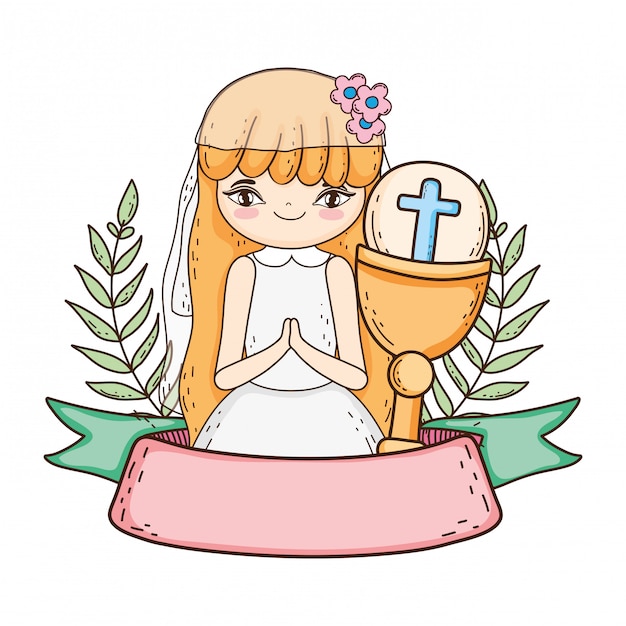 Vector little girl with chalice in first communion celebration