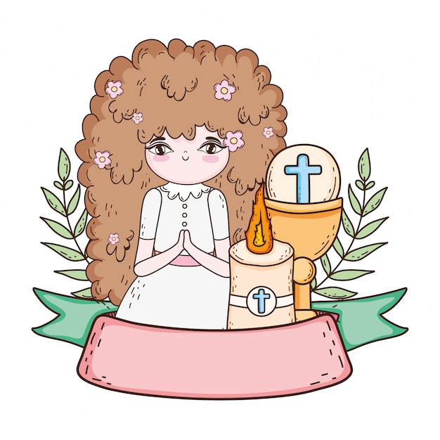 Vector little girl with chalice in first communion celebration