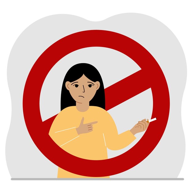 Vector little girl with a cigarette in his hand there is a red prohibition sign around the girl the concept of child or teenage smoking