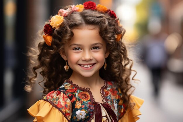 A little girl with curly hair wearing a flower wreath on her head