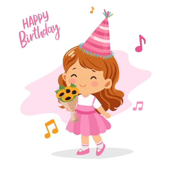 Vector little girl with flower and party hat kid on birthday party happy birthday girl flat vector