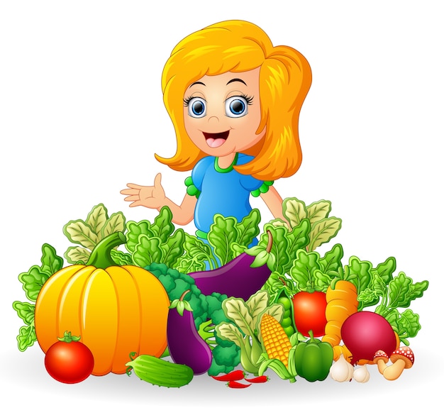 Vector little girl with fruits and vegetables