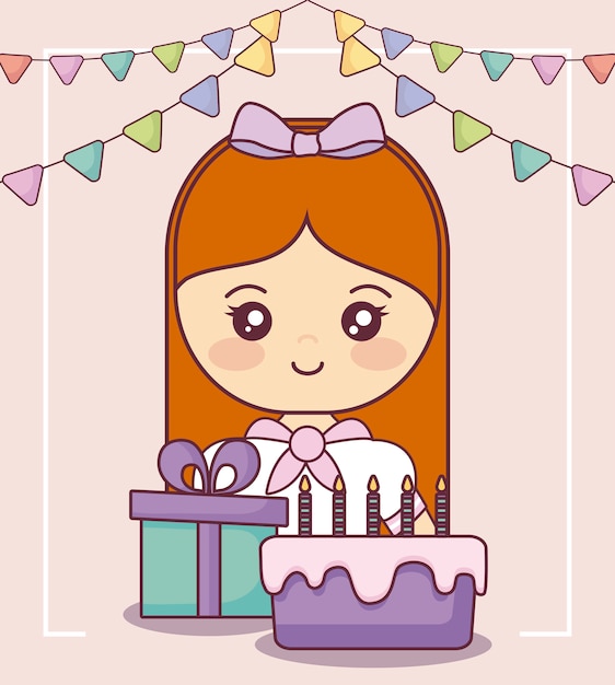 Vector little girl with gift box and sweet cake