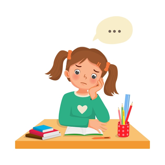 Vector little girl with hand on cheek feeling tired bored and lazy studying doing homework at the desk