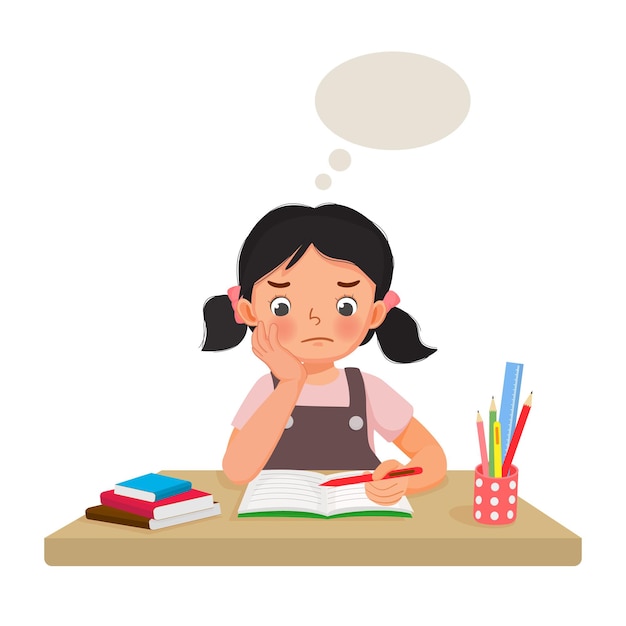 Vector little girl with hand on her cheek feeling tired bored and lazy studying doing homework at the desk