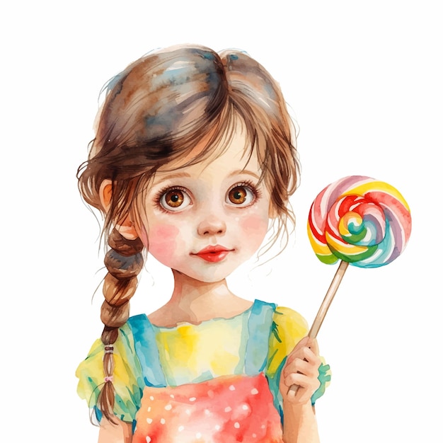 Vector little girl with a lollypop in her hand watercolor paint