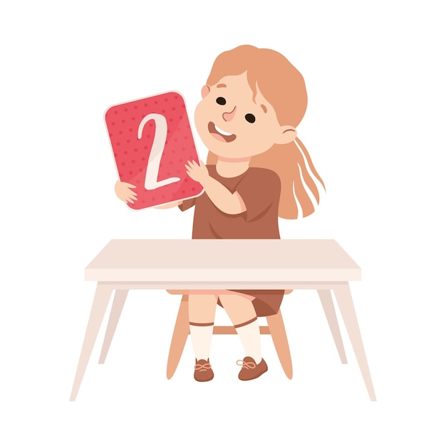 デスクに座っている2番目の女の子が数字ベクトルイラストのカードを示しています