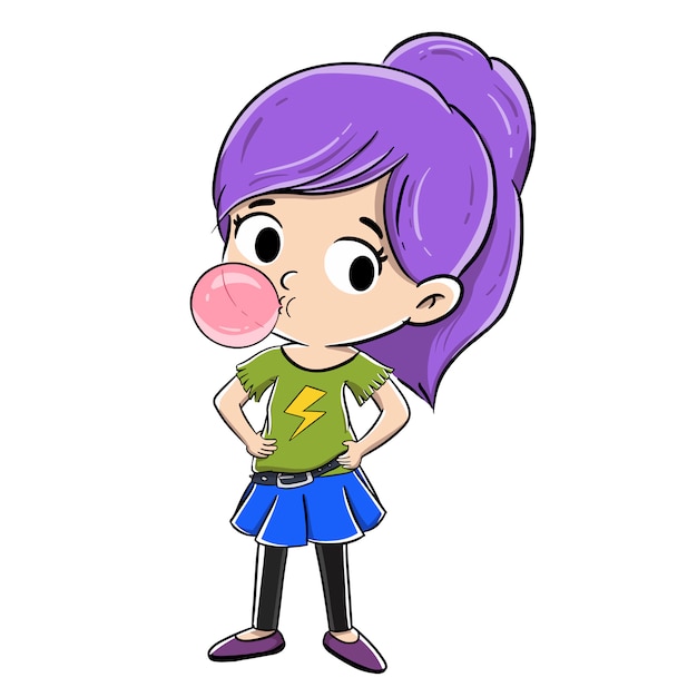 Vector little girl with ponytail blowing a bubble gum