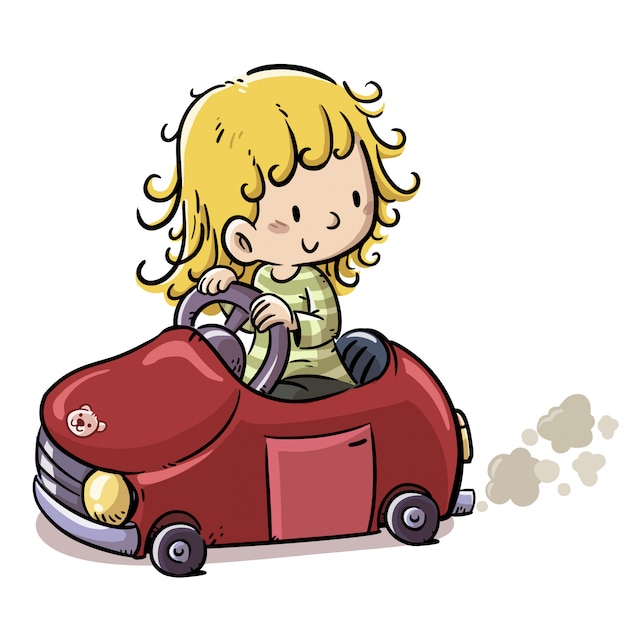 Vector little girl with red car