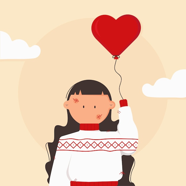 Little girl with a red heart balloon and ukranian sweter Girl of flat style with clounds compositio