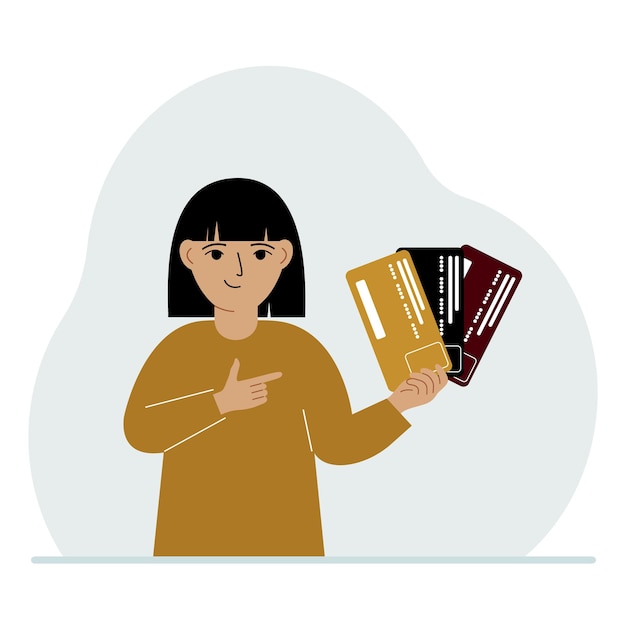 Vector little girl with several plastic cards the concept of teaching children financial literacy