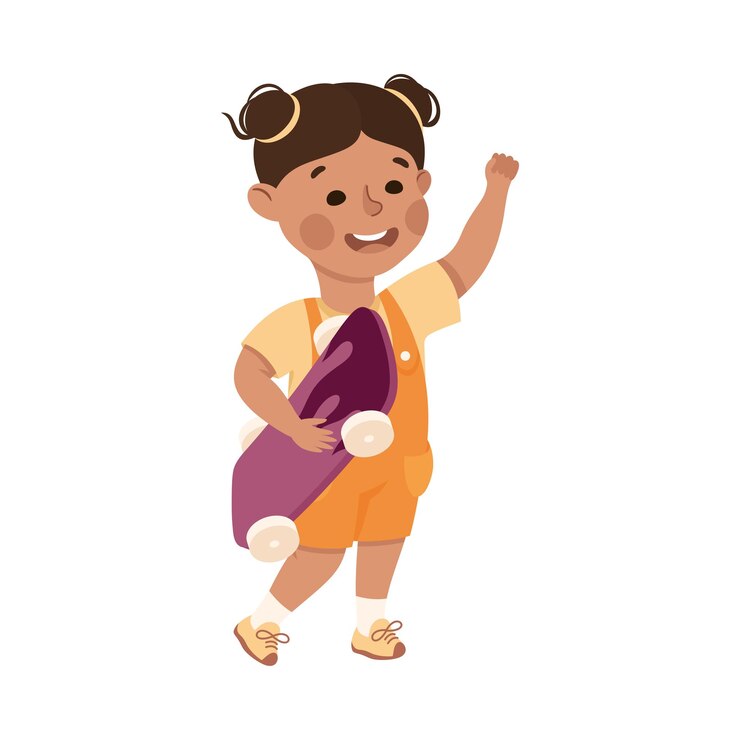 Vector little girl with skateboard in skate park having fun and enjoying recreational activity vector illustration