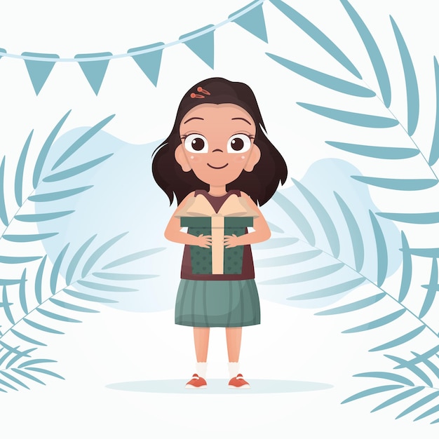 A little girl with a smile is depicted in full growth standing in a room and holding a gift in her hands Birthday Cartoon style