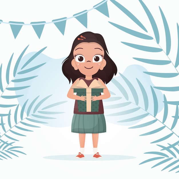 A little girl with a smile is depicted in full growth standing in a room and holding a gift in her hands birthday cartoon style