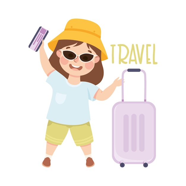 Little Girl with Suitcase Traveling Demonstrating Vocabulary and Verb Studying Vector Illustration