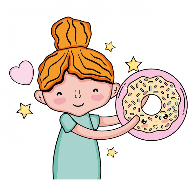 Vector little girl with sweet donut kawaii character