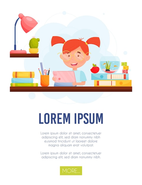 Little girl with tablet at her home workplace remote learning concept vector Illustration