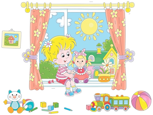 Маленькая девочка с игрушками в детской у окна с занавесками и солнечным летним пейзажем позади него