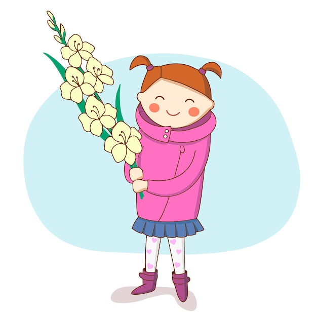 Little girl with  very large bouquet of flowers