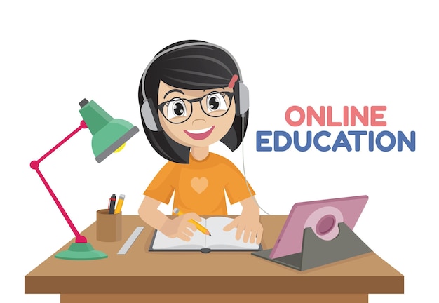 Bambina che lavora al laptop online educationvector eps10