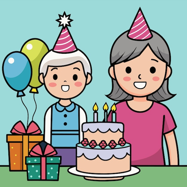 Little girls birthday with grandmother hand drawn cartoon character sticker icon concept isolated