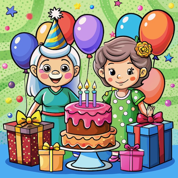 Little girls birthday with grandmother hand drawn cartoon character sticker icon concept isolated