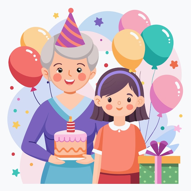 Vettore piccole ragazze di compleanno con la nonna disegnato a mano personaggio di cartone animato adesivo icona concetto isolato