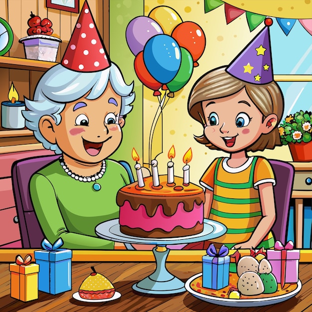 Vettore piccole ragazze di compleanno con la nonna disegnato a mano personaggio di cartone animato adesivo icona concetto isolato