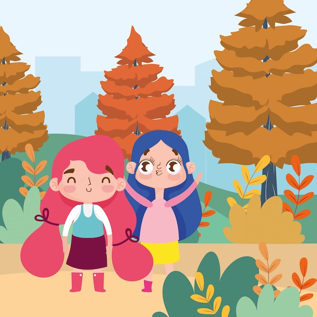 Vector little girls cartoon character facial expression nature scene