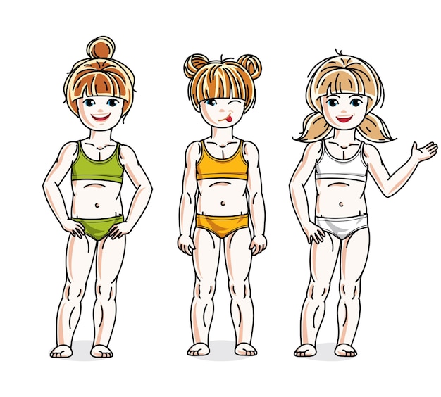 Vector little girls group standing wearing colorful bikini. vector set of beautiful kids illustrations.