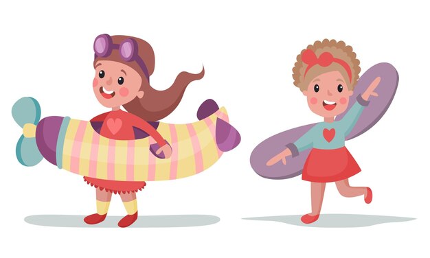 Vector little girls in pilot costume playing with plane vector illustration set