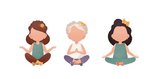 Little girls Sits in the lotus position Children's meditation Cartoon style Set isolated on a white background