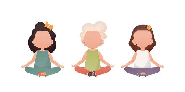 Little girls Sits in the lotus position Yoga kids Vector Set isolated on a white background