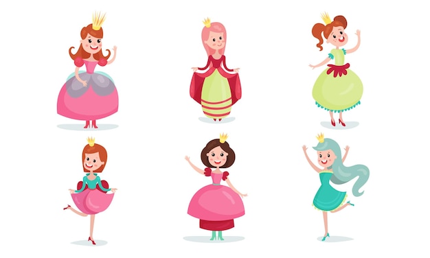 다양한 스타일과 색상의 요정 공주 의상과 왕관을 입은 작은 소녀들 다양한 위치 어린이 휴가 터 일러스트레이션 만화 캐릭터 고립 된 색 배경
