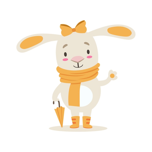 Little girly cute white pet bunny in arancione vestiti autunnali con ombrello cartoon character life situation illustration
