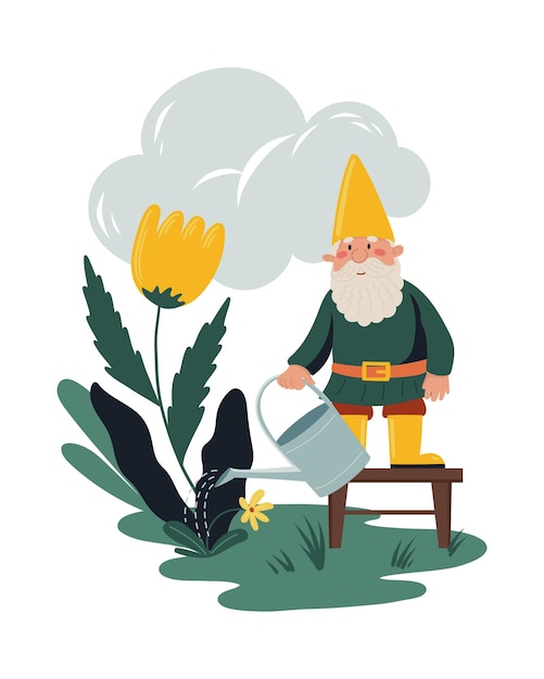Vector little gnome or dwarf waters a flower from a watering can cute children's illustrations