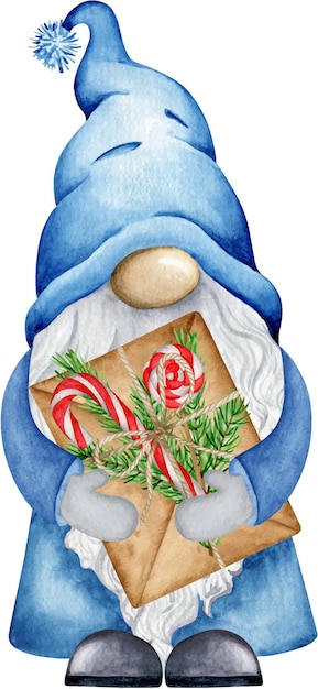 Little gnome with Christmas gift hand drawn watercolor illustration