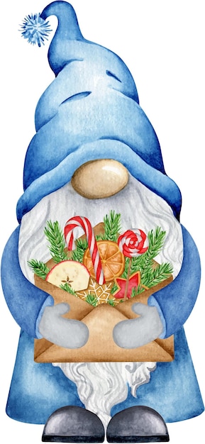 Little gnome with Christmas gift hand drawn watercolor illustration