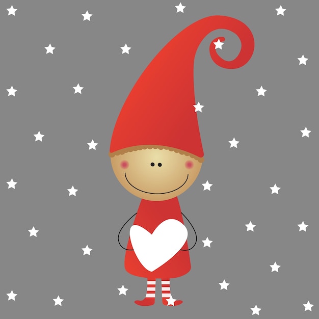 A little gnome with a heart on his chest is standing in front of a gray background.
