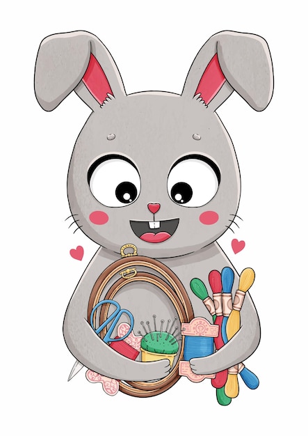 刺繡縫製ベクトルを持つ小さな灰色のウサギ