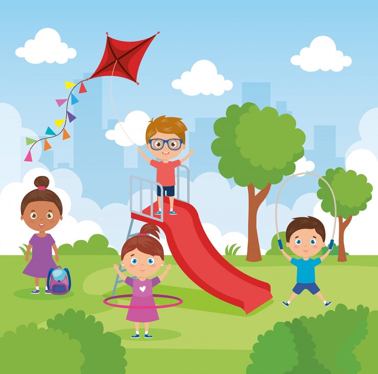 Vector little group children playing in park landscape
