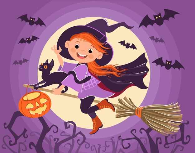 Little Halloween witch Girl flying on broomstick with black cat and glowing pumpkin head Full moon and bats Young sorceress Enchantress night flight October holiday Vector concept