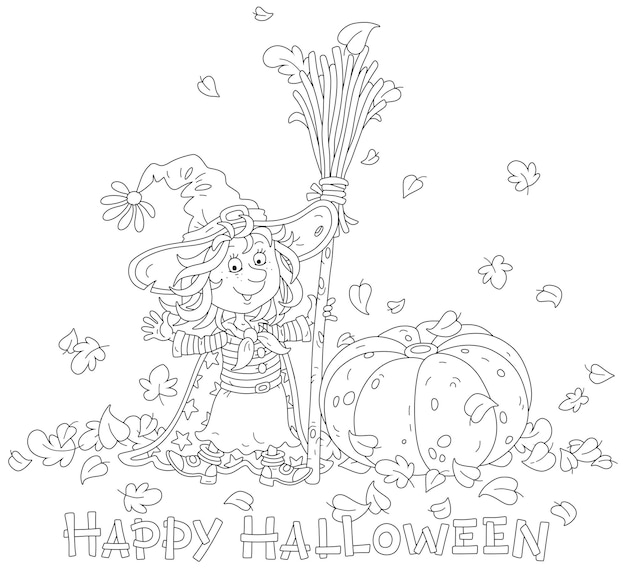 Маленькая ведьма хэллоуина с большой шляпой, волшебной метлой и большой тыквой среди кружащихся листьев