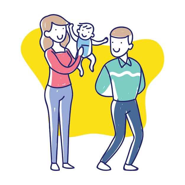 Little happy family cartoon in hand drawn style