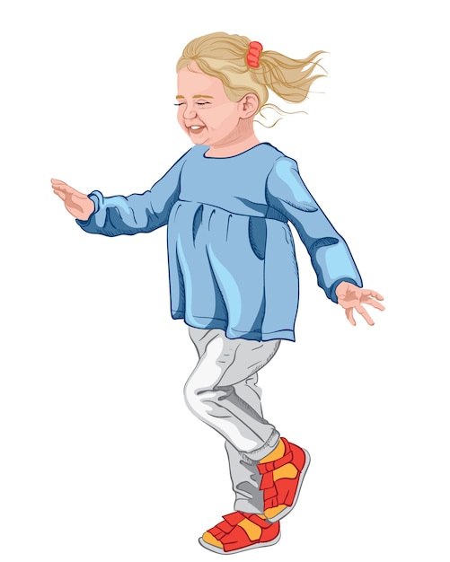 Vector little happy girl in blue blouse, white jeans and colorful shoes. blonde hair with a red scrunchie