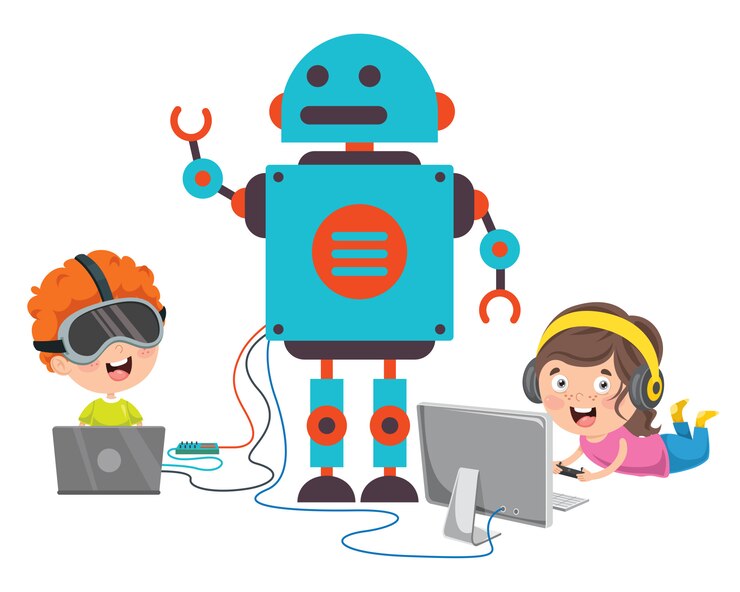 Vector little happy kid using technology