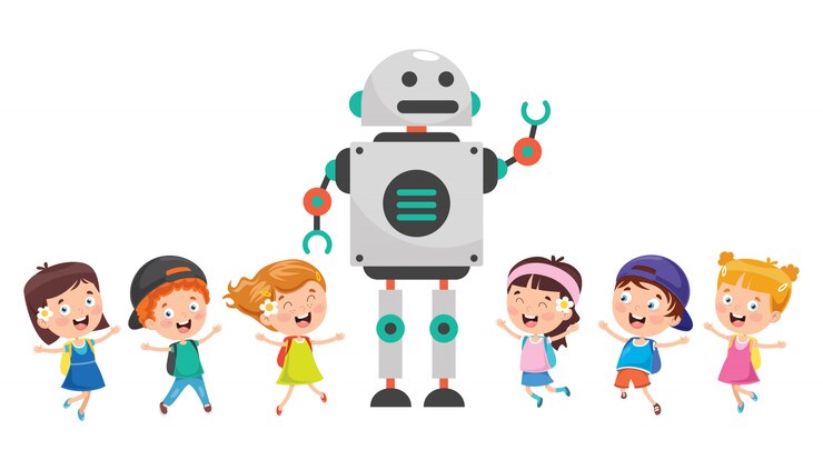 Vector little happy kid using technology