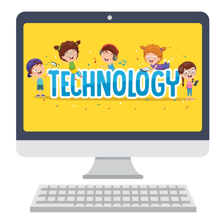 Vector little happy kid using technology