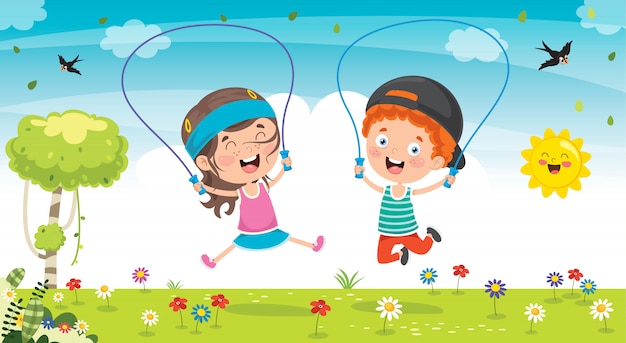 Little happy kids skipping rope