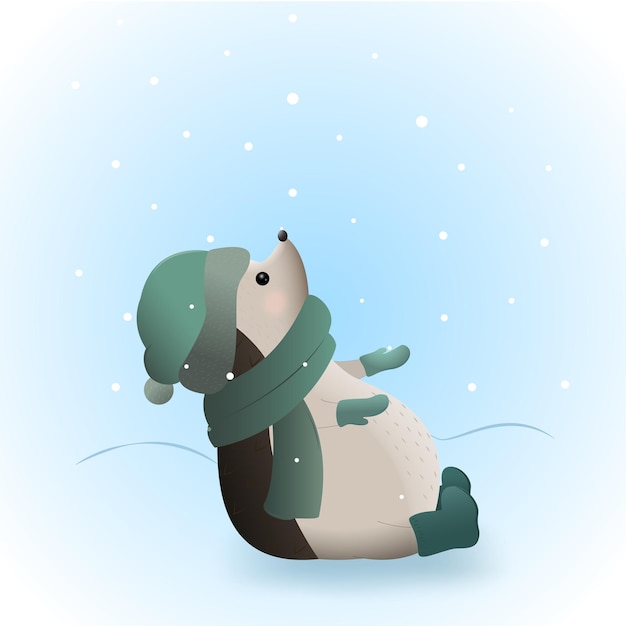 Vector little hedgehog catching snowflakes